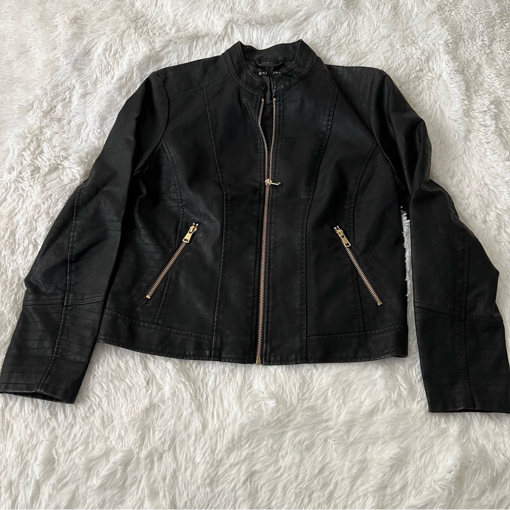Baccini Women's Black Leather Jacket with Gold Accents